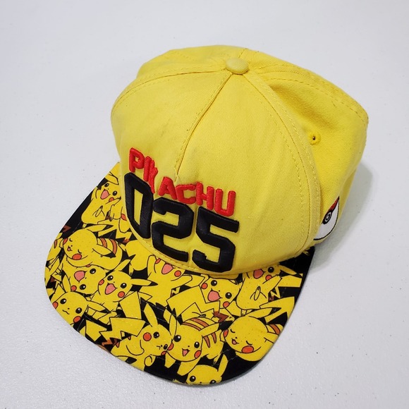 Pokemon Men Hat One Size Yellow Snapback Pikachu Pokeball Embroidered Graphic - Picture 1 of 7